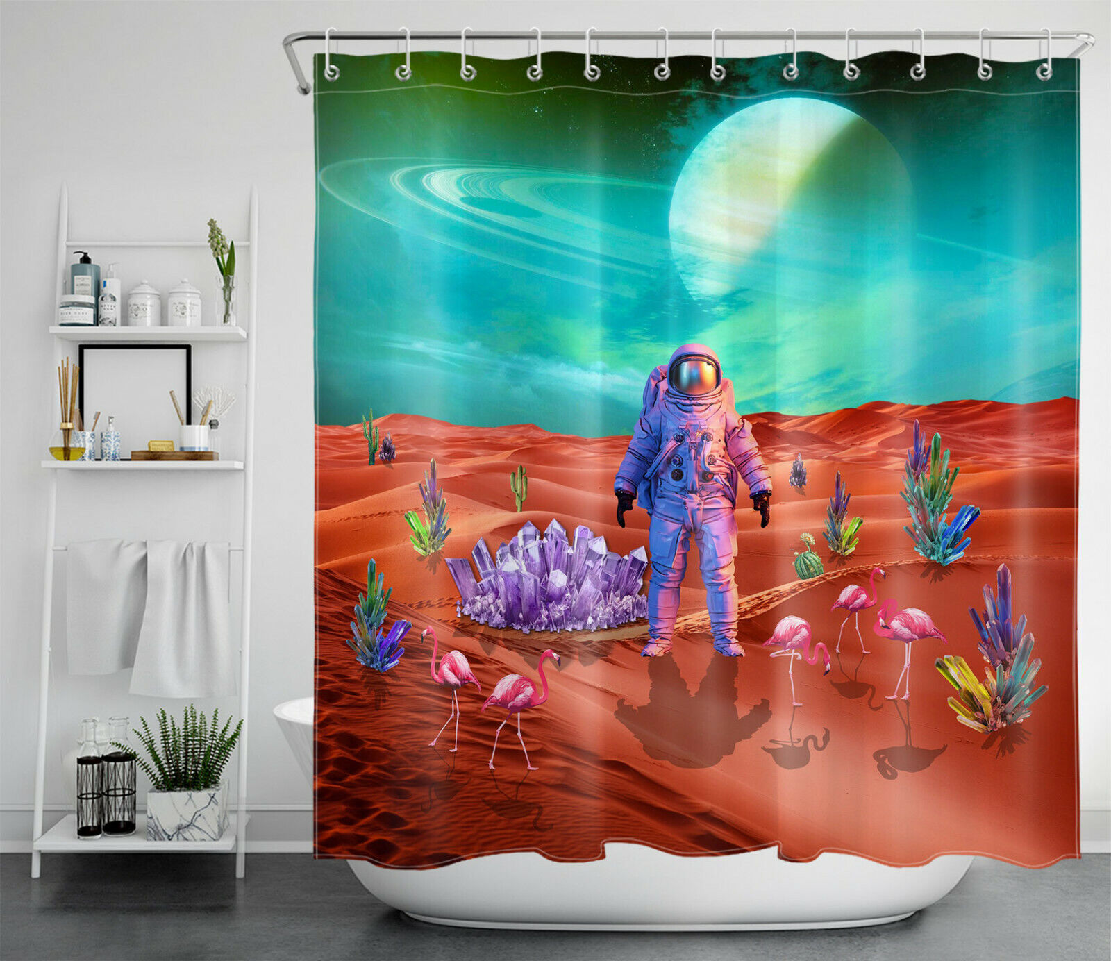 Red Planet Flamingo Crystal Shower Curtain - Astronaut Bathroom Decor