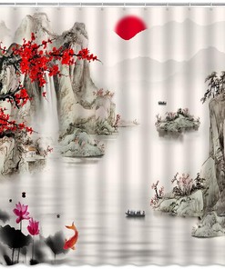 Red Plum Bossom Branch Sun Mountain Koi Fish Shower Curtain - Asian Traditional Ink Painting Bathroom Decor