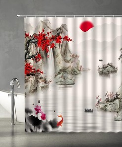 Red Plum Bossom Branch Sun Mountain Koi Fish Shower Curtain - Asian Traditional Ink Painting Bathroom Decor