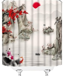 Red Plum Bossom Branch Sun Mountain Koi Fish Shower Curtain - Asian Traditional Ink Painting Bathroom Decor