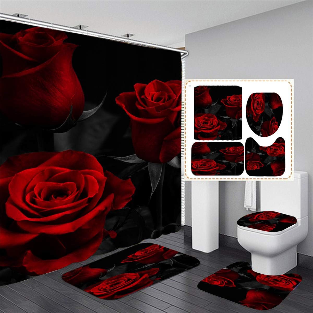 Red Rose Shower Curtain and Cover Set for Romantic Bathroom Decor