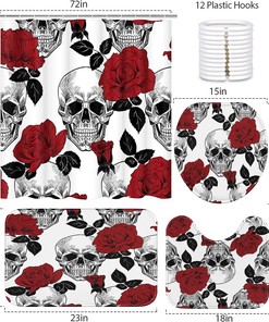 Red Roses Skull Flower Shower Curtain Set for Gothic Bathroom Decor