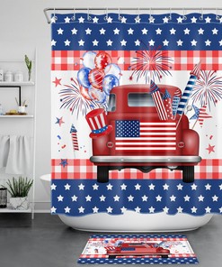 Red Truck Independence Day Shower Curtain with Balloon Stars for Bathroom Decor