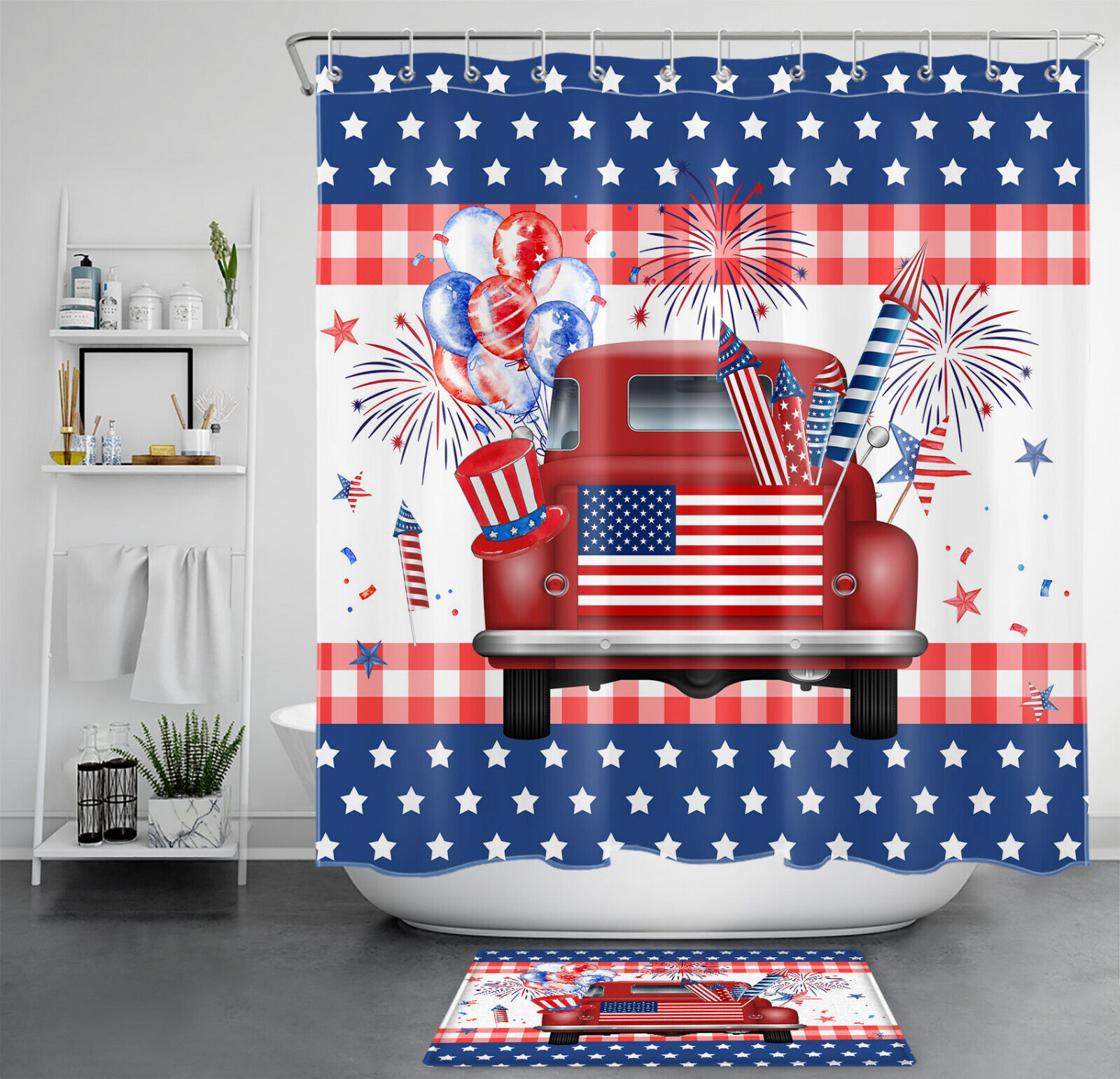 Red Truck Independence Day Shower Curtain with Balloon Stars for