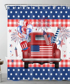 Red Truck Independence Day Shower Curtain with Balloon Stars for Bathroom Decor