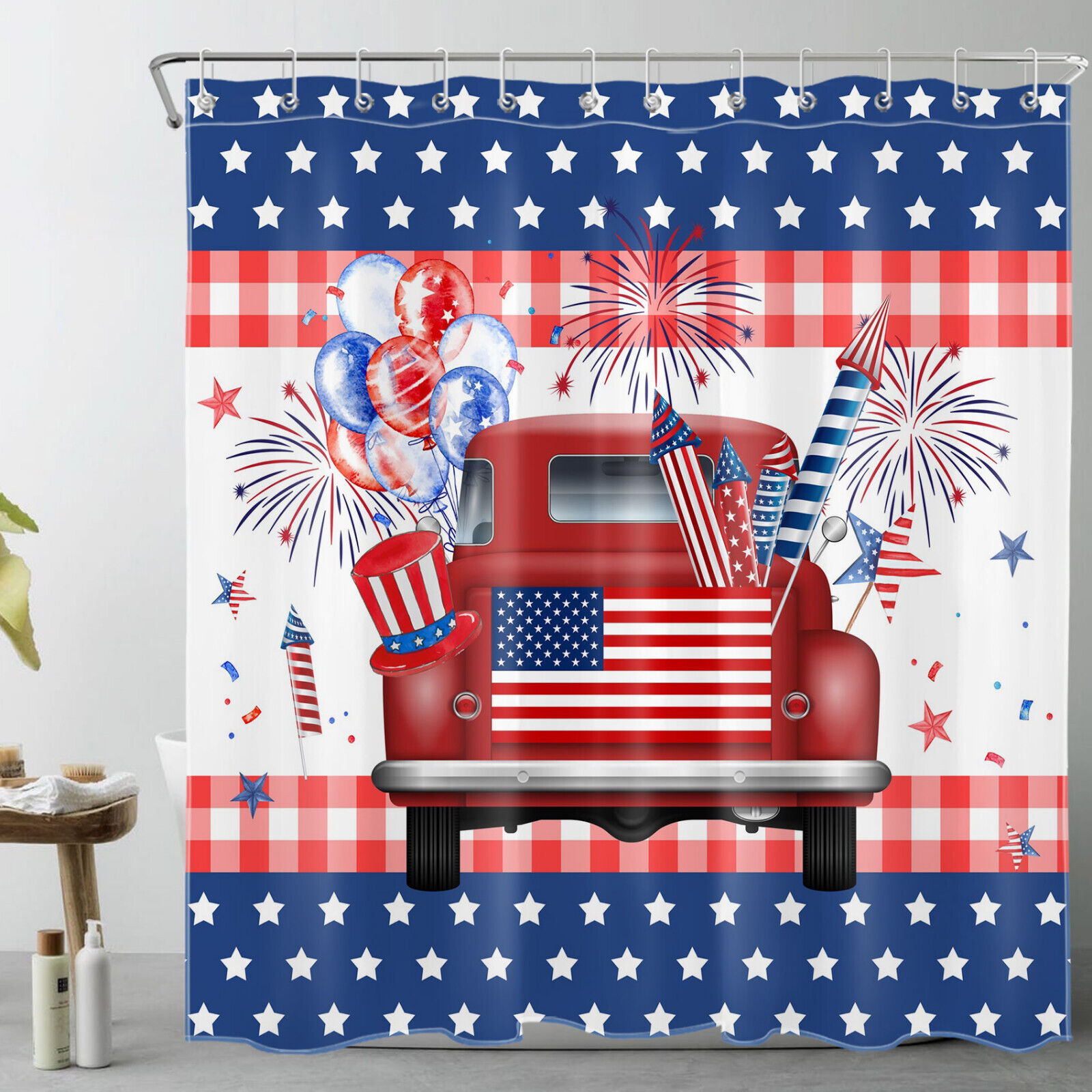 Red Truck Independence Day Shower Curtain with Balloon Stars for Bathroom Decor