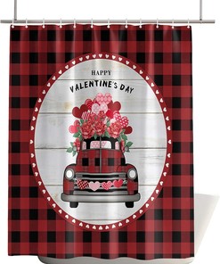Red Truck Rose Floral Plaid Valentine's Day Bathroom Shower Curtain - Waterproof Fabric