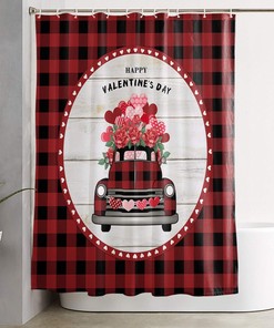 Red Truck Rose Floral Plaid Valentine's Day Bathroom Shower Curtain - Waterproof Fabric