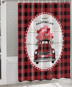 Red Truck Rose Floral Plaid Valentine's Day Bathroom Shower Curtain - Waterproof Fabric
