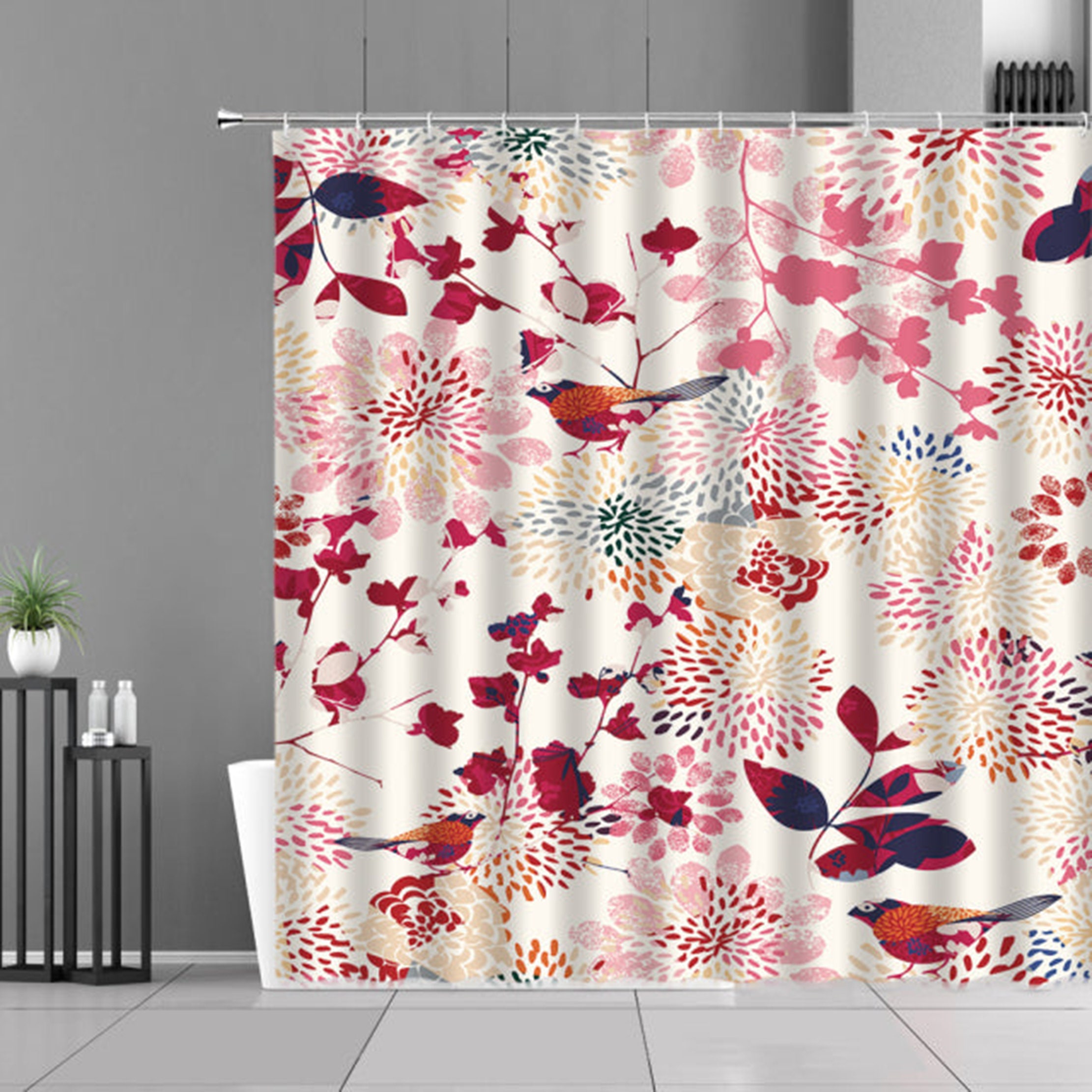 Red and Pink Cherry Blossom Bird in the Spring Garden Shower Curtain for Nature-Inspired Bathroom Decor