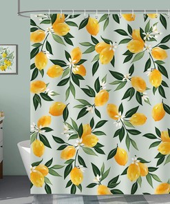 Refreshing Lemon Shower Curtain, Tropical Fruit with Green Leaves Bathroom Decor