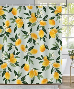 Refreshing Lemon Shower Curtain, Tropical Fruit with Green Leaves Bathroom Decor
