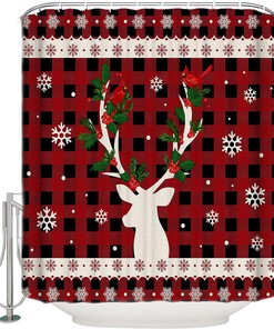 Reindeer Cardinal Snowflake Buffalo Plaid Shower Curtain - Woodland Christmas Bathroom Decor