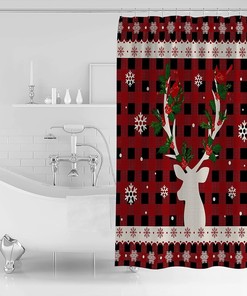 Reindeer Cardinal Snowflake Buffalo Plaid Shower Curtain - Woodland Christmas Bathroom Decor