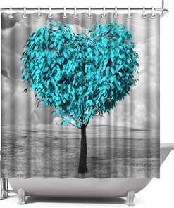 Relax with Artistic Print Teal Blue Tree Shower Curtain with Heart Shape Tree Bath Curtain Black and White Design 
