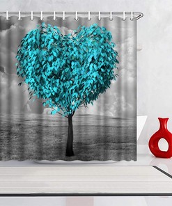 Relax with Artistic Print Teal Blue Tree Shower Curtain with Heart Shape Tree Bath Curtain Black and White Design