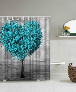 Relax with Artistic Print Teal Blue Tree Shower Curtain with Heart Shape Tree Bath Curtain Black and White Design 