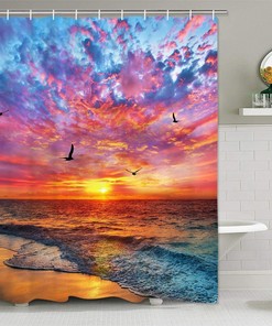 Relaxing Seaside Sunset Ocean Waves Shower Curtain for Bathroom Decor