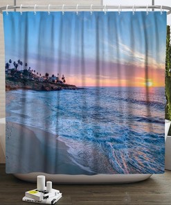Relaxing Seaside Sunset Ocean Waves Shower Curtain for Bathroom Decor