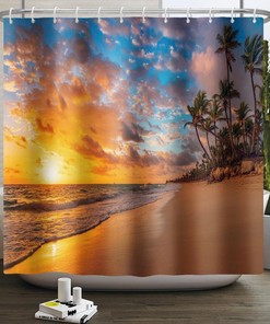 Relaxing Seaside Sunset Ocean Waves Shower Curtain for Bathroom Decor