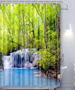 Relaxing Shower and Curtain in Lagoon and Waterfall Nature Settings
