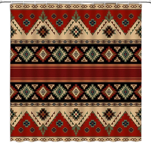 Retro Aztec Shower Curtain with Vintage Red Brown Black Tan Ethnic Navajo Southwestern Tribal Abstract Geometric Pattern