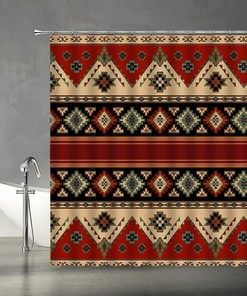 Retro Aztec Shower Curtain with Vintage Red Brown Black Tan Ethnic Navajo Southwestern Tribal Abstract Geometric Pattern