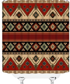 Retro Aztec Shower Curtain with Vintage Red Brown Black Tan Ethnic Navajo Southwestern Tribal Abstract Geometric Pattern