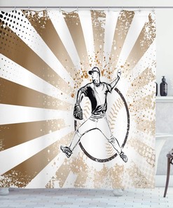 Retro Baseball Player Shower Curtain, Pop Art Image Cloth Bathroom Decor in Brown White