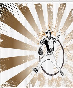 Retro Baseball Player Shower Curtain, Pop Art Image Cloth Bathroom Decor in Brown White