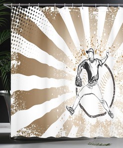 Retro Baseball Player Shower Curtain, Pop Art Image Cloth Bathroom Decor in Brown White