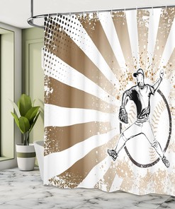 Retro Baseball Player Shower Curtain, Pop Art Image Cloth Bathroom Decor in Brown White