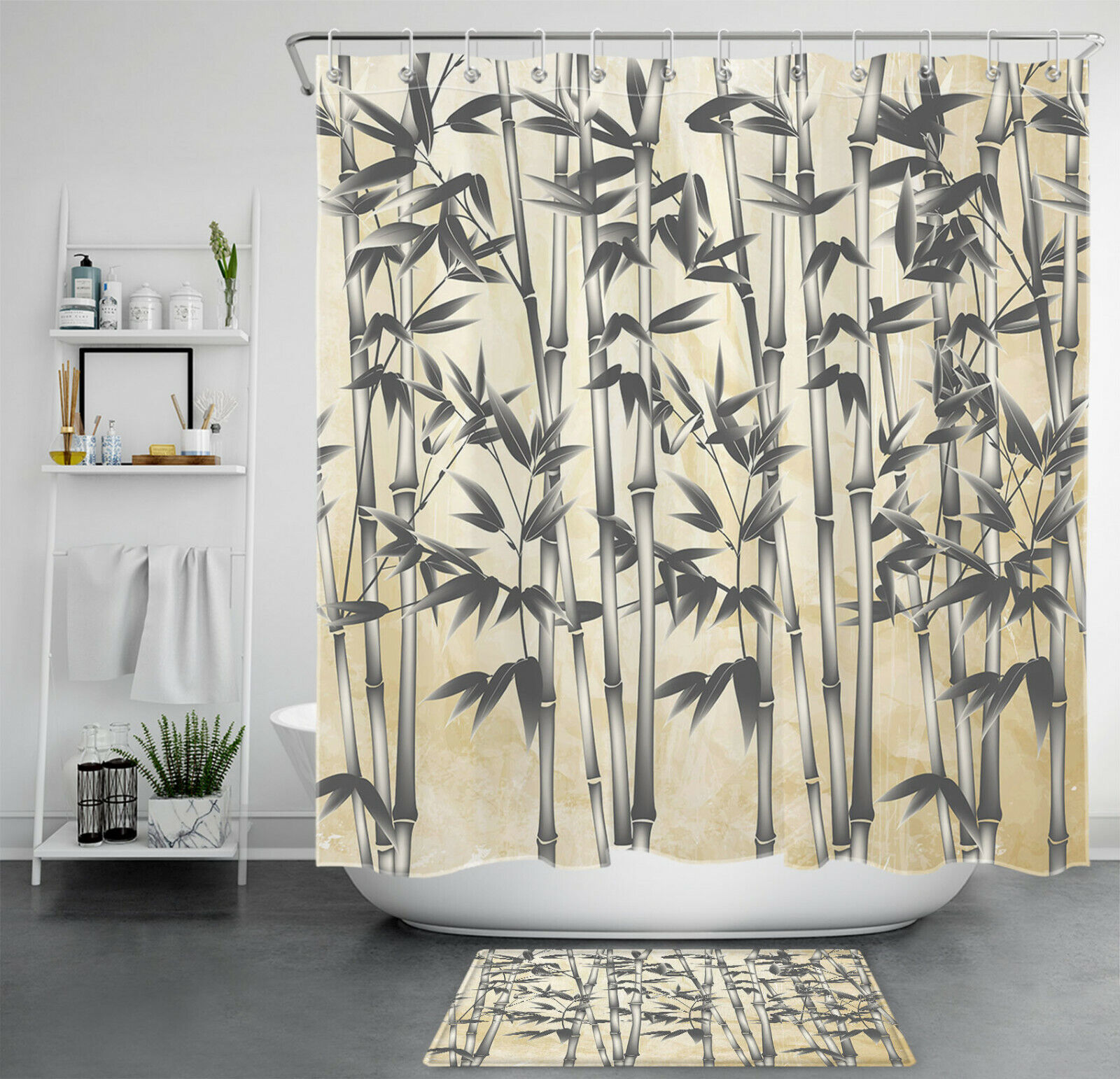 Retro Black and Gray Bamboo Shower Curtain for Vintage Bathroom Decor