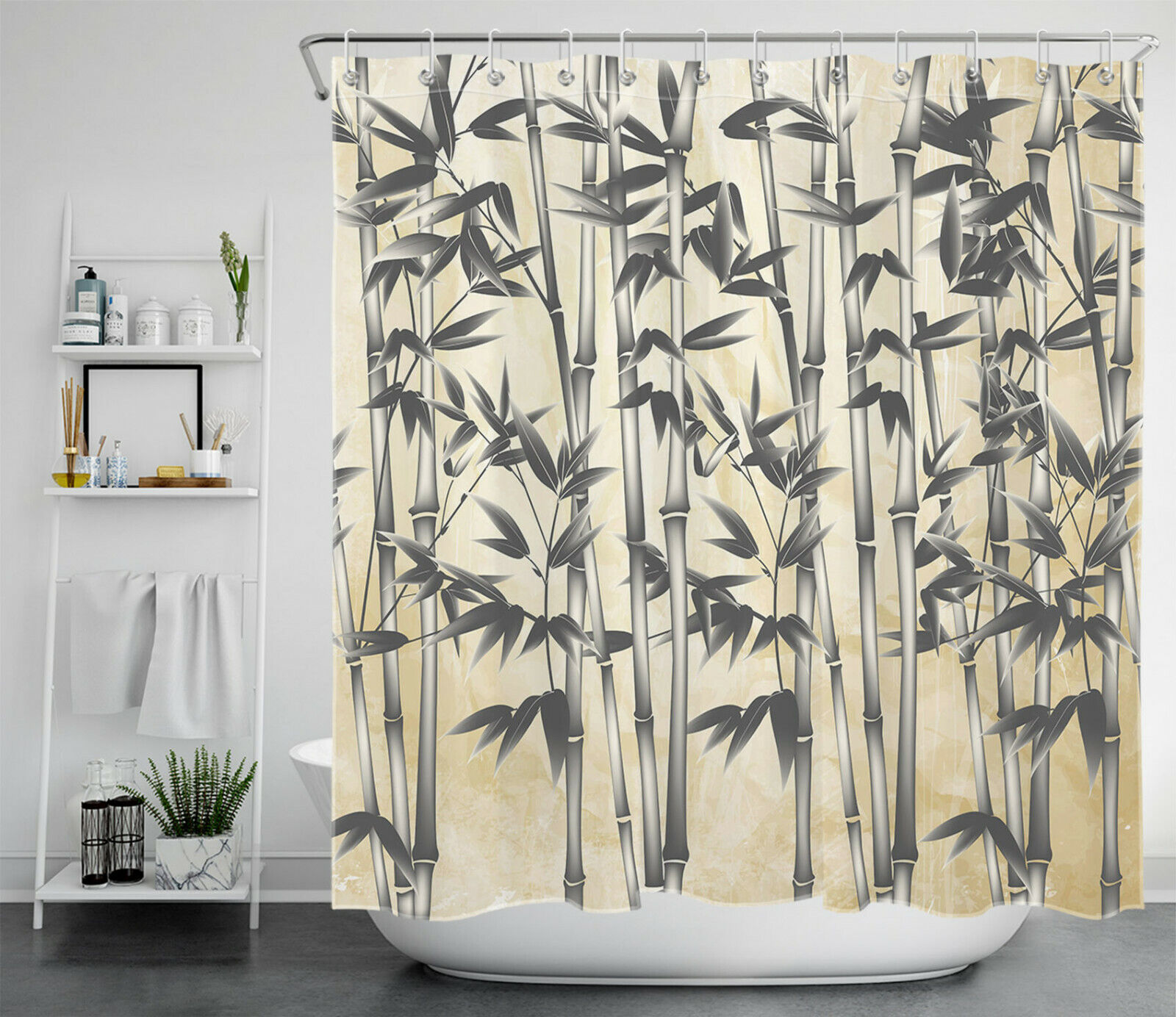 Retro Black and Gray Bamboo Shower Curtain for Vintage Bathroom Decor