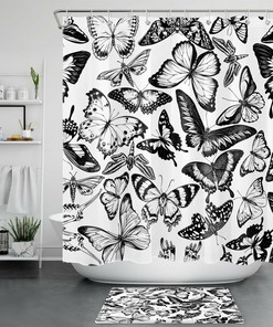 Retro Black and White Butterfly Shower Curtain - Retro Bathroom Decor
