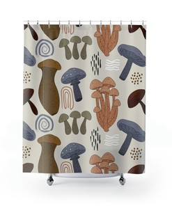 Retro Boho Mushrooms Shower Curtain with Groovy Pop Art Design 