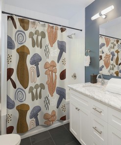 Retro Boho Mushrooms Shower Curtain with Groovy Pop Art Design