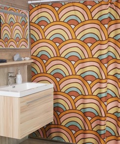 Retro Boho Rainbow Shower Curtain with 70s Inspired Design