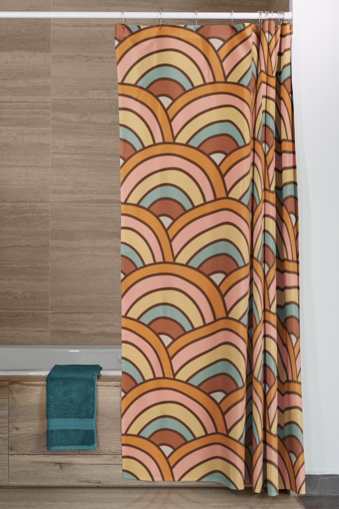 Retro Boho Rainbow Shower Curtain with 70s Inspired Design Bluefink