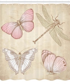 Retro Butterflies Bugs Print Abstract Shower Curtain for Vintage Bathroom Decor