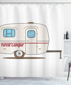 Retro Camper Shower Curtain, Caravan Travelers Truck Graphic Design in Beige White Bathroom Decor