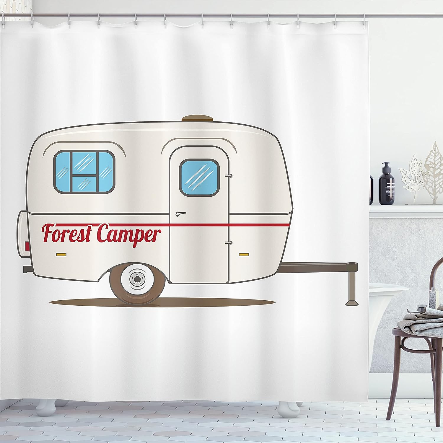 Retro Camper Shower Curtain, Caravan Travelers Truck Graphic Design in Beige White Bathroom Decor