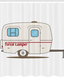 Retro Camper Shower Curtain, Caravan Travelers Truck Graphic Design in Beige White Bathroom Decor