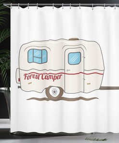 Retro Camper Shower Curtain, Caravan Travelers Truck Graphic Design in Beige White Bathroom Decor