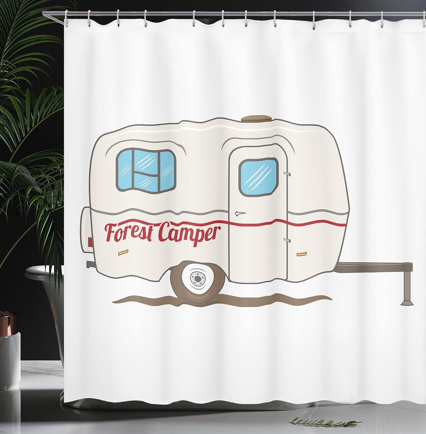 Retro Camper Shower Curtain, Caravan Travelers Truck Graphic Design in Beige White Bathroom Decor