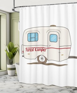 Retro Camper Shower Curtain, Caravan Travelers Truck Graphic Design in Beige White Bathroom Decor
