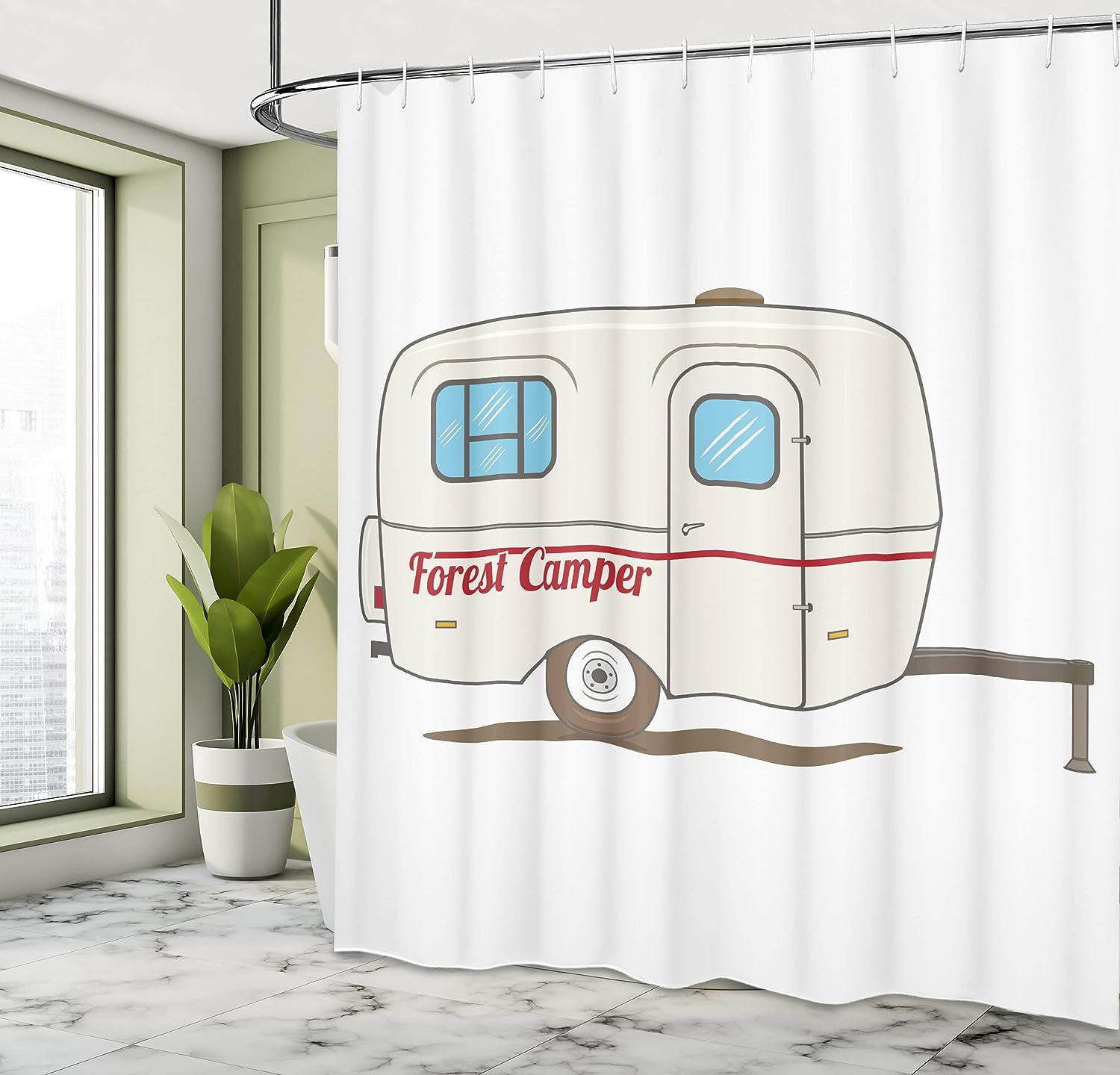 Retro Camper Shower Curtain, Caravan Travelers Truck Graphic Design in Beige White Bathroom Decor
