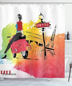 Retro Fashionable Woman on a Motorcycle Paris Shower Curtain Bathroom Decor