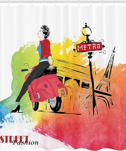 Retro Fashionable Woman on a Motorcycle Paris Shower Curtain Bathroom Decor
