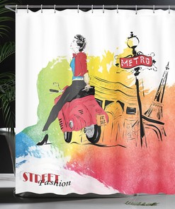 Retro Fashionable Woman on a Motorcycle Paris Shower Curtain Bathroom Decor